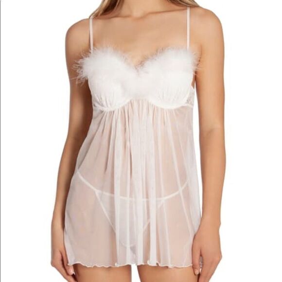 In-Bloom By Jonquil Marabou Trim Chemise & Thong - Picture 1 of 9